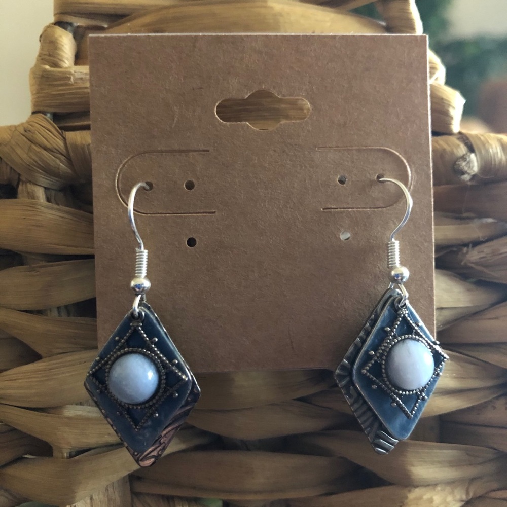 Faux moonstone layered disc fish hook earrings